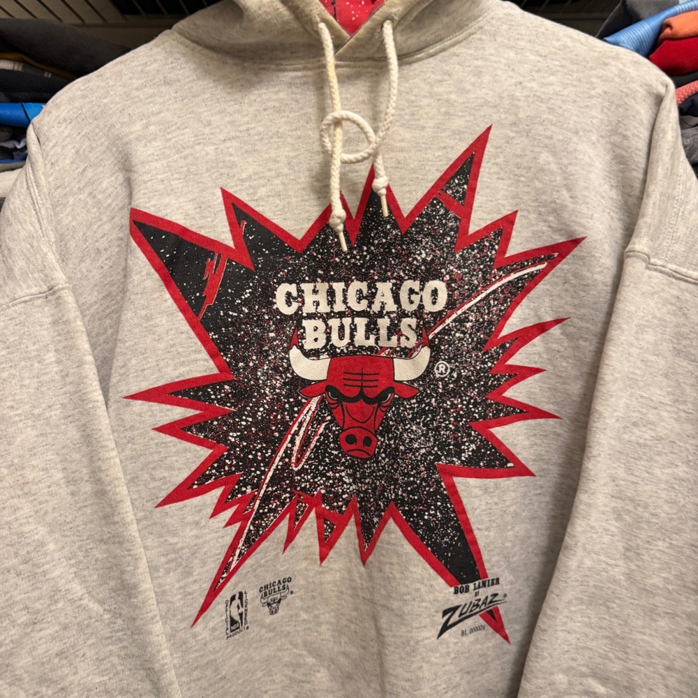 Vintage Chicago Bulls Zubaz Hoodie Mens Large Gray NBA Pullover Graphic Splatter - Picture 6 of 13